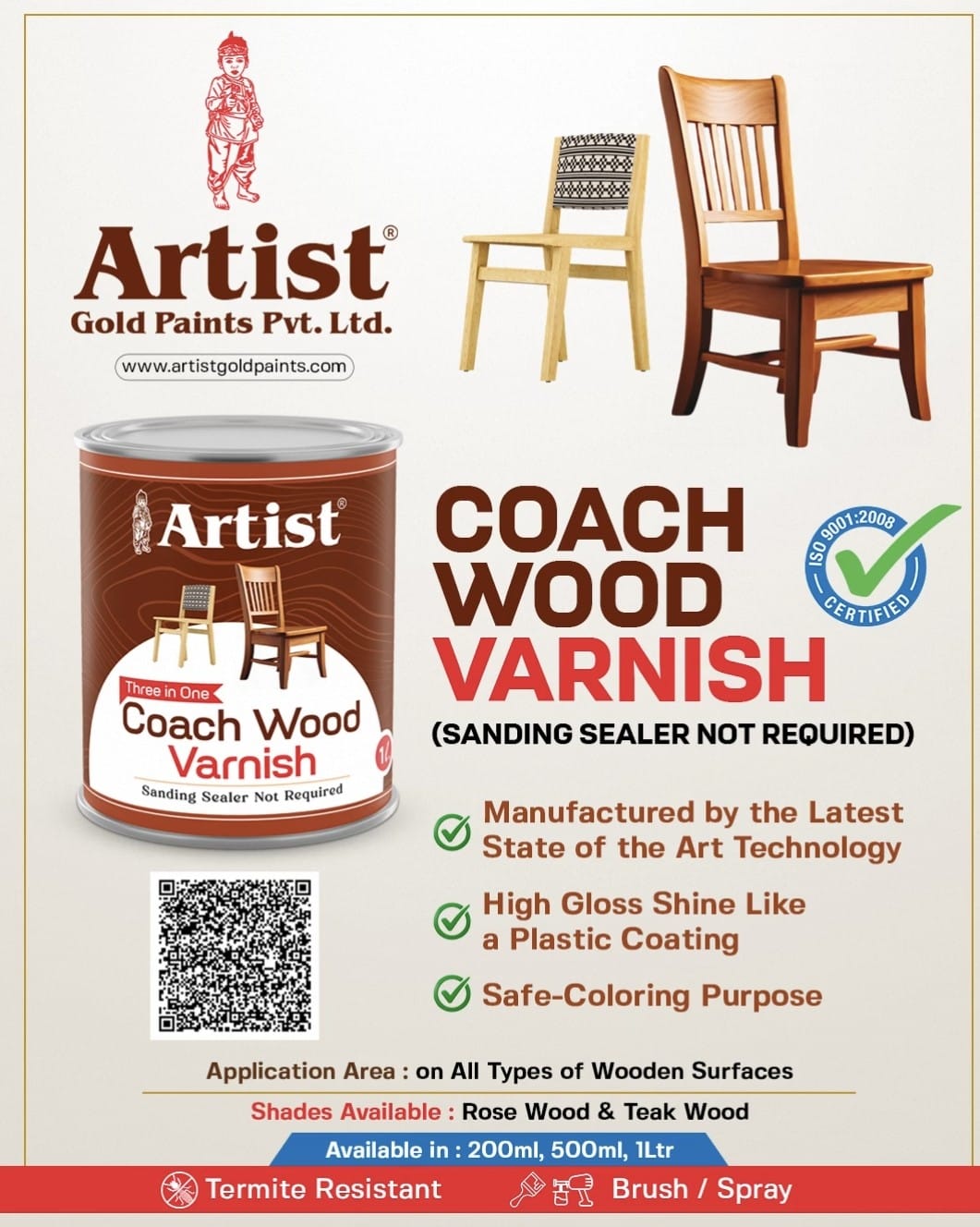 WOOD VARNISH WOOD VARNISH Three in One Coach Teak Wood (SANDING SEALER NOT REQUIRED) - Image 1